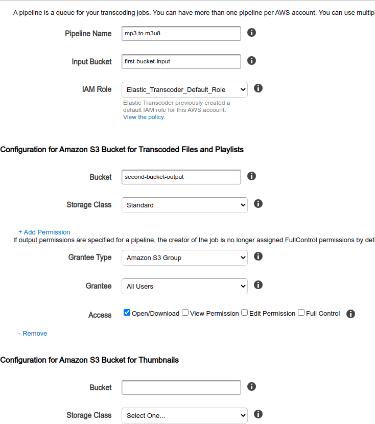 AWS Elastic Transcoder Pipeline Creation